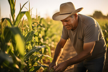 A modern farmer using tablet to check on corn field. Agriculture Technology Concept
