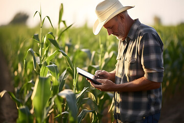 A modern farmer using tablet to check on corn field. Agriculture Technology Concept