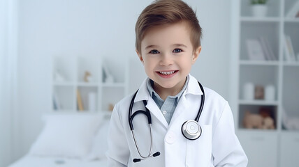 Portrait of cute little boy doctor with stethoscope at hospital. - obrazy, fototapety, plakaty