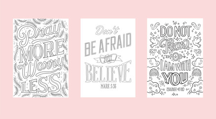 Set of coloring pages for children and adults. Printable bible lettering illustration, vintage style. Adult coloring, hobby. Bible verses.