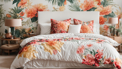 Modern bedroom with elegant Creative painted tropical floral pattern white and velvet bedding

