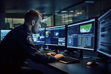 Side view of Policeman entering personal data of suspect into computer database while sitting in front of monitors in office - Powered by Adobe