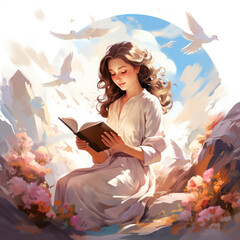 Illustration of a young woman reading the Bible in the middle of nature and contemplating creation Generative AI