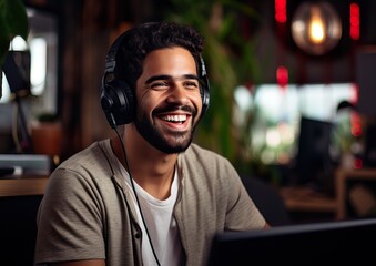 Fototapeta premium Home Studio Podcasting by Brazilian Male Podcaster