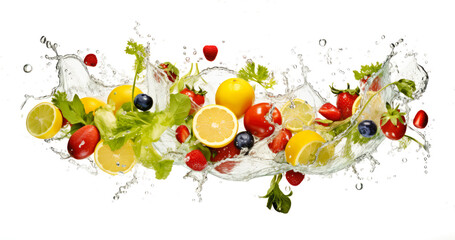 Variety of fruits and vegetables splashed with water on white background