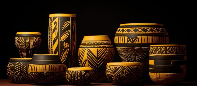 Brazilian heritage and art showcased in indigenous crafted homewares adorned with yellow clay drawings in geometric patterns from the Amazonian rainforest With copyspace for text