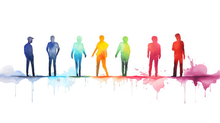 Watercolor colorful simple silhouettes people isolated on transparent background
