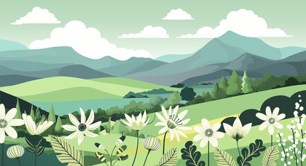 Fototapeta na wymiar Fields Hills Flowers Country Landscape Background