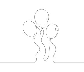 Three balloons line art illustration in continuous line style. Holiday, drawing of birthday celebration. Bunch of balloons for birthday and party.