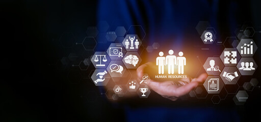 Businessman hold circle of network structure HR - Human resources concept background with copy space. Business leadership in management and recruitment or employment headhunting.