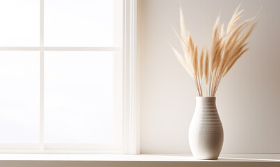 Decorative clay vase with pampas grass against window near white wall