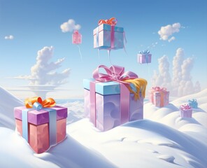 A dazzling display of festive delight as a winter wonderland surrounds a cluster of perfectly wrapped presents, their colors popping against the snowy landscape, dreamy sky filled with fluffy clouds