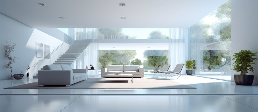 Contemporary spacious living area in modern architecture With copyspace for text