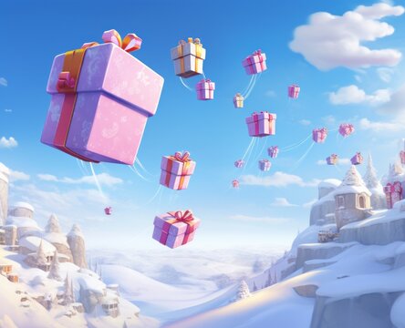 A festive frenzy of holiday cheer takes flight as whimsical presents soar through the wintry sky, suspended by colorful balloons against a backdrop of swirling clouds and snow-covered landscapes