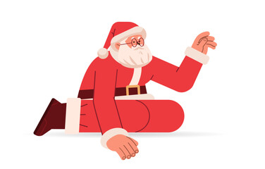 santa claus in red costume sitting on floor and pointing hand at something happy new year merry christmas holidays celebration concept