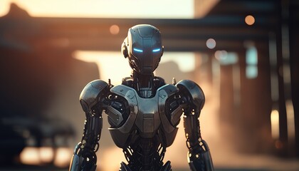 Naklejka premium human robot on a lights blur bokeh