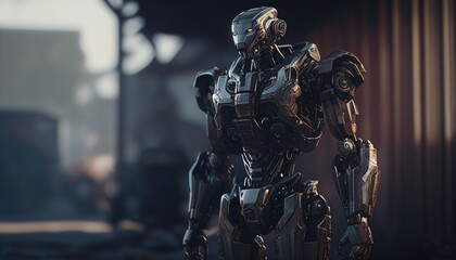 Naklejka premium human robot on a lights blur bokeh