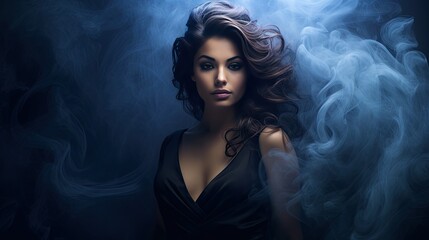 Model elegantly posed with an ethereal swirl of smoke wrapping around, enhancing the mysterious atmosphere.