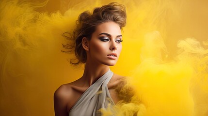 Model showcasing vibrancy, contrasted against the muted tones of the smoke backdrop.