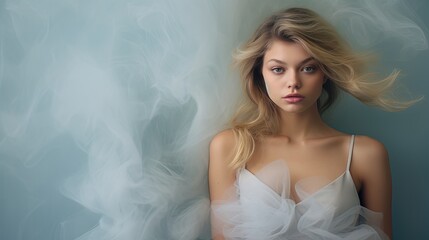 Model with a relaxed posture, set against a backdrop of smoke waves, giving a sense of calm.