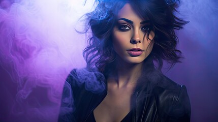 Model with an enigmatic expression, surrounded by smoke, adding layers of mystery