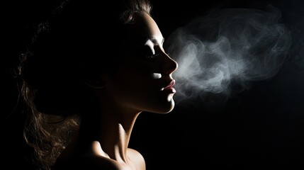 Model with a shadowed profile, contrasted by the luminosity of the surrounding smoke.