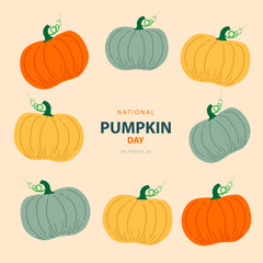 National Pumpkin Day on october 26, With some colorful pumpkin vector illustration and text isolated on colored background for commemorate and celebrate National Pumpkin Day.