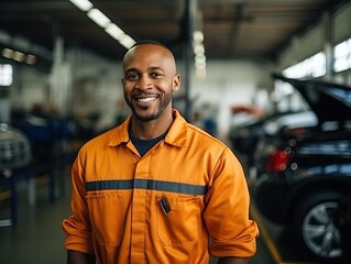 Obraz premium African man in a car service station wearing orange overalls and smiling