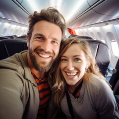 HAPPY COUPLE TAKING SELFIE IN THE AIRPLANE CABIN. image created by legal AI