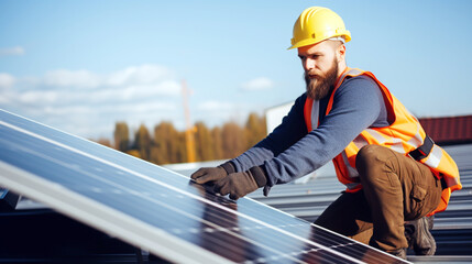 PROFESSIONAL TECHNICIAN INSTALLS SOLAR PANELS ON THE ROOF. image created by legal AI