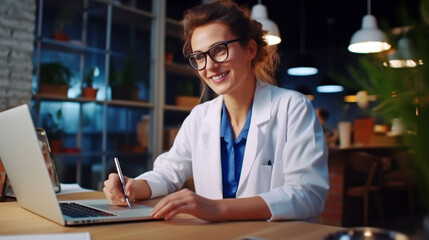FEMALE DOCTOR USES LAPTOP IN HER WORK. image created by legal AI - obrazy, fototapety, plakaty