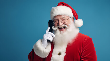 ELDERLY FAIRYTALE GRANDFATHER SANTA CLAUS WITH SMARTPHONE ON BLUE BACKGROUND, HORIZONTAL IMAGE. image created by legal AI