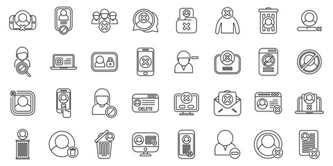 Deleting social account icons set outline vector. Delete app. Block remove identity