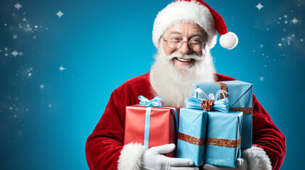 HAPPY LAUGHING SANTA CLAUS WITH CHRISTMAS GIFTS ON BLUE BACKGROUND. image created by legal AI