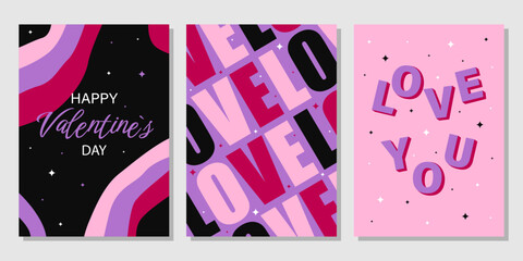 Valentine's Day greeting card set. Hand drawn trendy cartoon heart, love lettering. Vector illustration