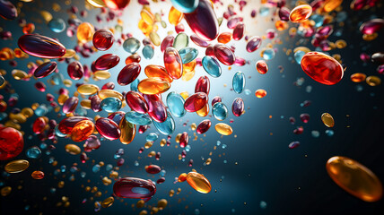 3d rendering of multicolor capsules and pills falling on black background. Generative AI technology.