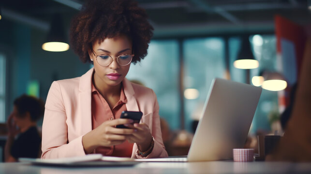 BUSINESS AFRICAN WOMAN WORKING WITH LAPTOP AND SMARTPHONE AT THE SAME TIME. image created by legal AI