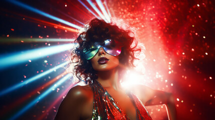 Obraz premium GLAMOROUS WOMAN, MODEL IN DISCO STYLE, NIGHTCLUB, HORIZONTAL IMAGE. image created by legal AI