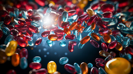 3d rendering of multicolor capsules and pills falling on black background. Generative AI technology. - obrazy, fototapety, plakaty