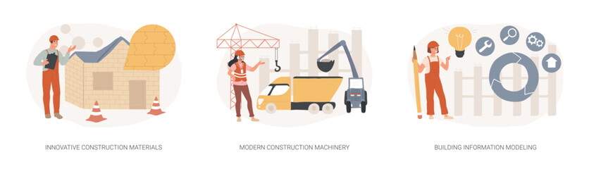 Construction technology innovation isolated concept vector illustration set. Innovative construction materials, modern machinery, building information modeling, project management vector concept. - obrazy, fototapety, plakaty