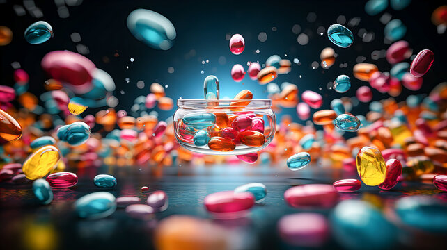 3d rendering of multicolor capsules and pills falling on black background. Generative AI technology.