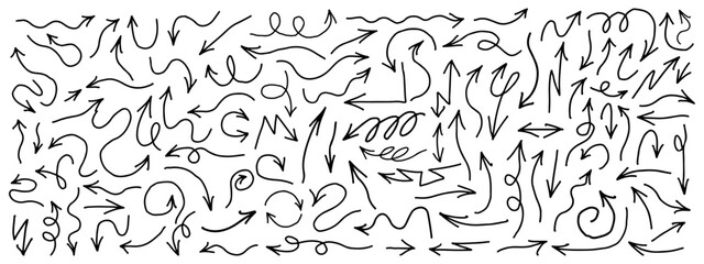 Obraz premium Hand drawn arrow vector doodle icons set. Sketch linear Pointer Signs. Graphic Element.