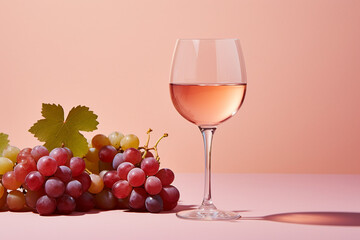 Glass with rosé wine and grapes in front of peach colored background