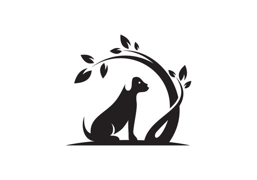 dog and leaf logo design. pet care white tree circle concept element symbol vector illustration