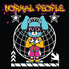 Graffiti rabbit street wear illustration with slogan normal people