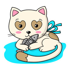 Illustration of a cute cat with a blue ribbon and a fish in its paws, print design