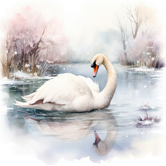 a beautiful watercolor painting of a white swan on a lake in a winter