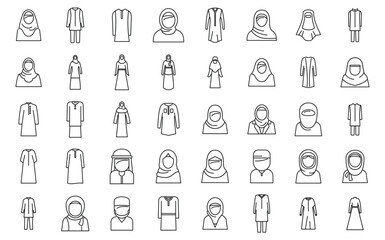 Muslim fashion icons set outline vector. Arab casual girl. Woman arabic muslim