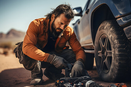 A mechanic repairs a car wheel. Created by generative AI technology