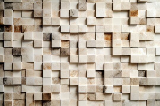 Rectangular stone mosaic tiles forming a polished wall with a 3D block background. Generative AI © Sable